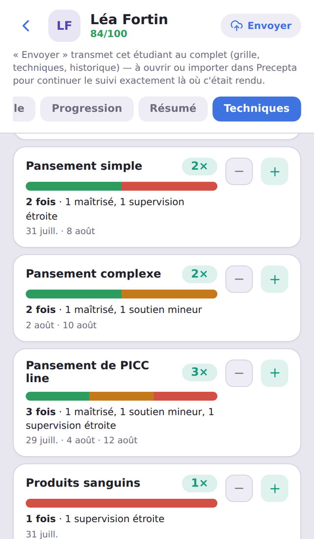 Écran de Precepta : enregistrement d'une technique avec son niveau d'autonomie