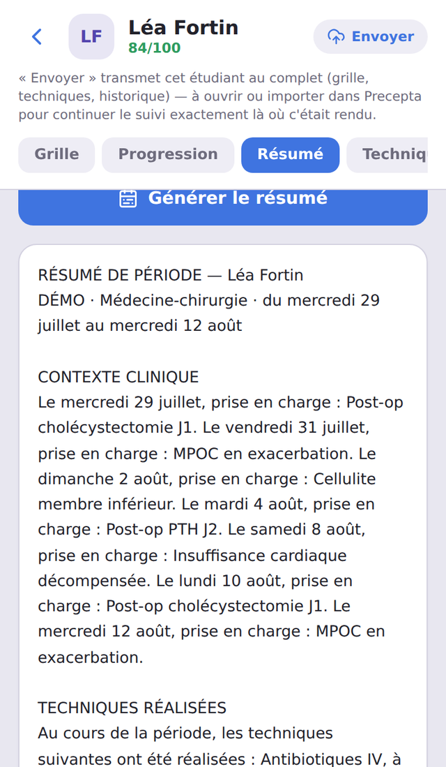Écran de Precepta : résumé de période généré automatiquement